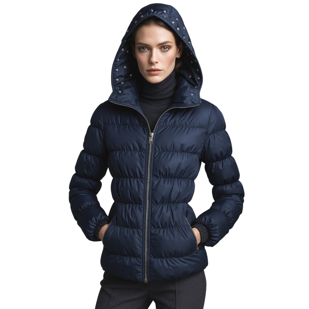 Bethany Mota Corrugated Puffer Hood Jacket Navy Blue Full Zip Size Medium